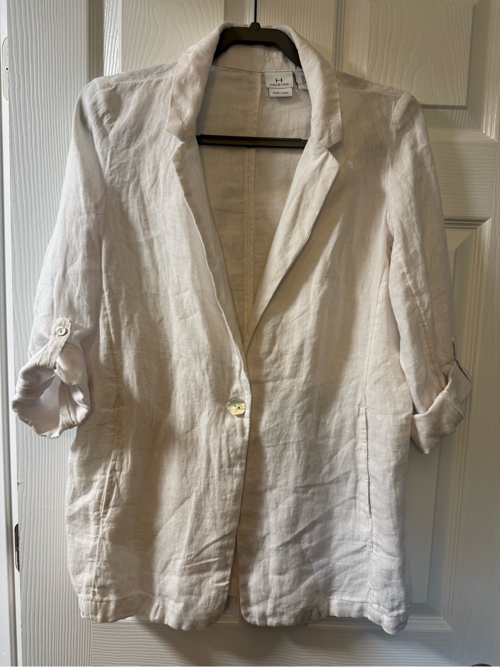 Halston  white Linen Blazer adjustable sleeves Sz M